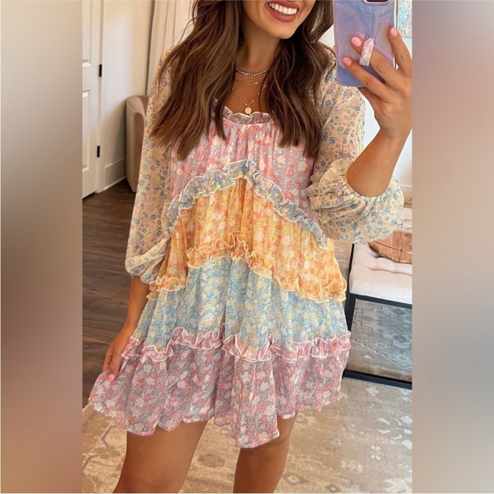 Love Colette Maisie Mini Cottage Babydoll Patchwork Floral Off-Shoulder L Dress - Picture 3 of 13